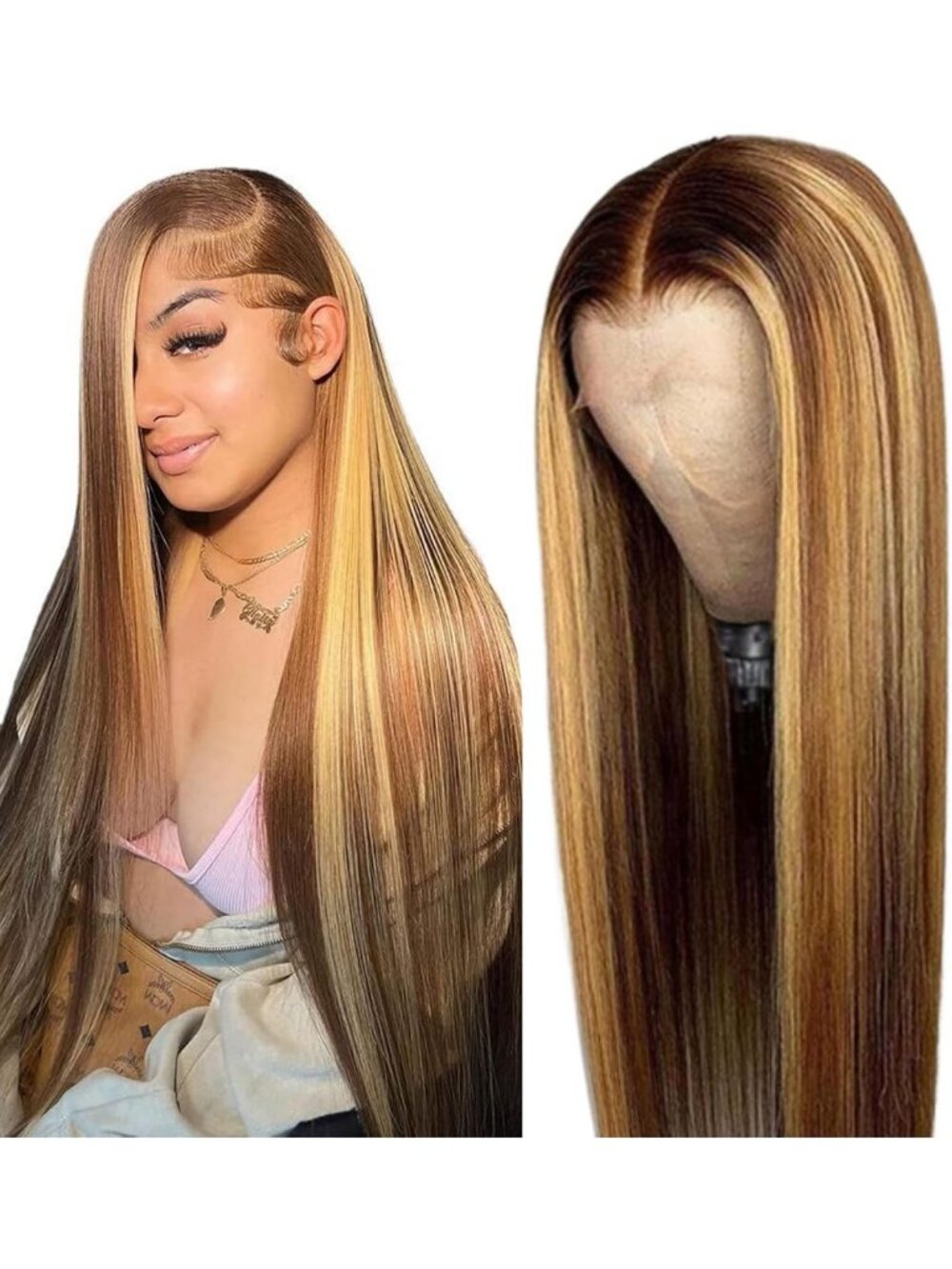 28" 13x6 Ombre Lace Front Wig, Human Hair, 180 Density, Highlighted Straight